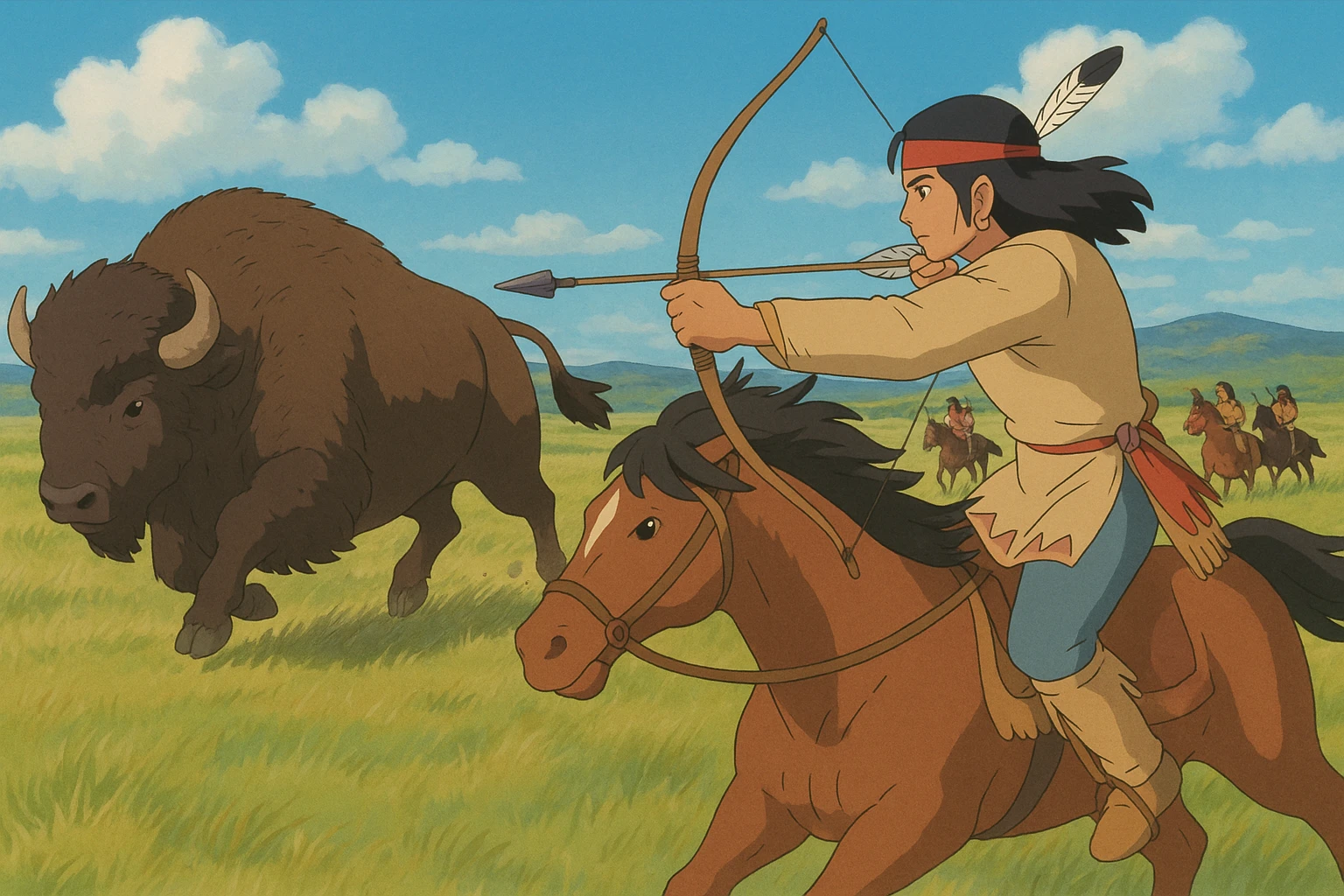 A native American warrior with a bow and arrow on horseback hunting a buffalo on the great plains grassland with other native americans in the background emoji