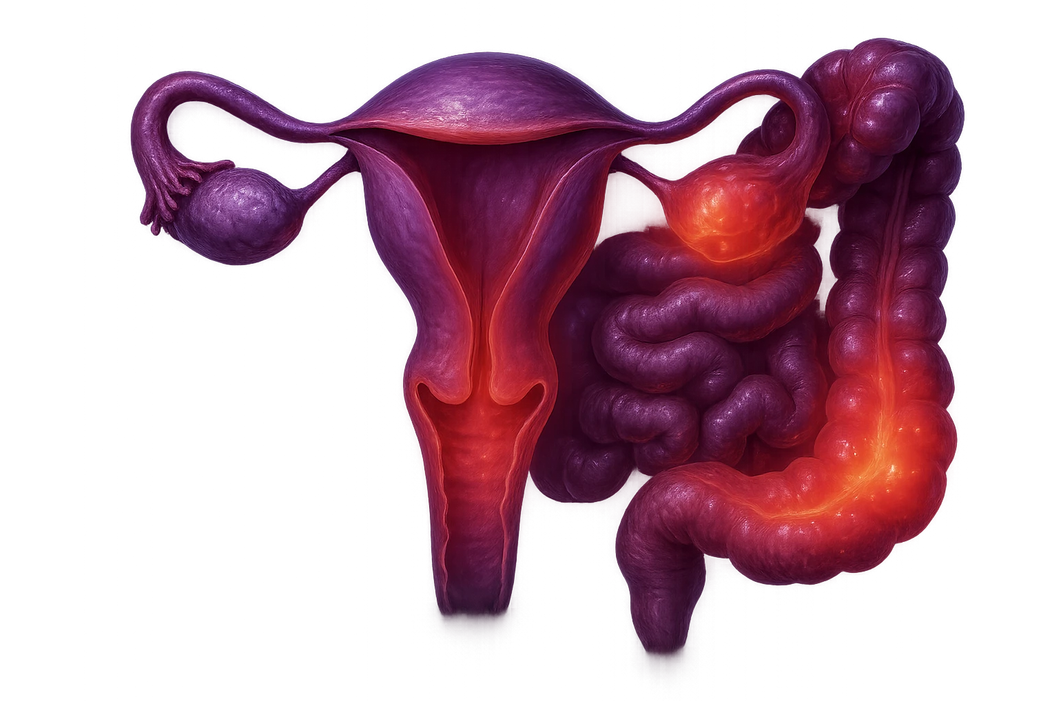 utero umano anatomico iperrealistico e intestino umano anatomico iperrealistico hanno in comune il dolore e l'infiammazione, rendi bene il collegamento tra i due organi doloranti, falla iperrealistica, non disegnata, fai colori che si adattano a questo viola #971ef1 emoji