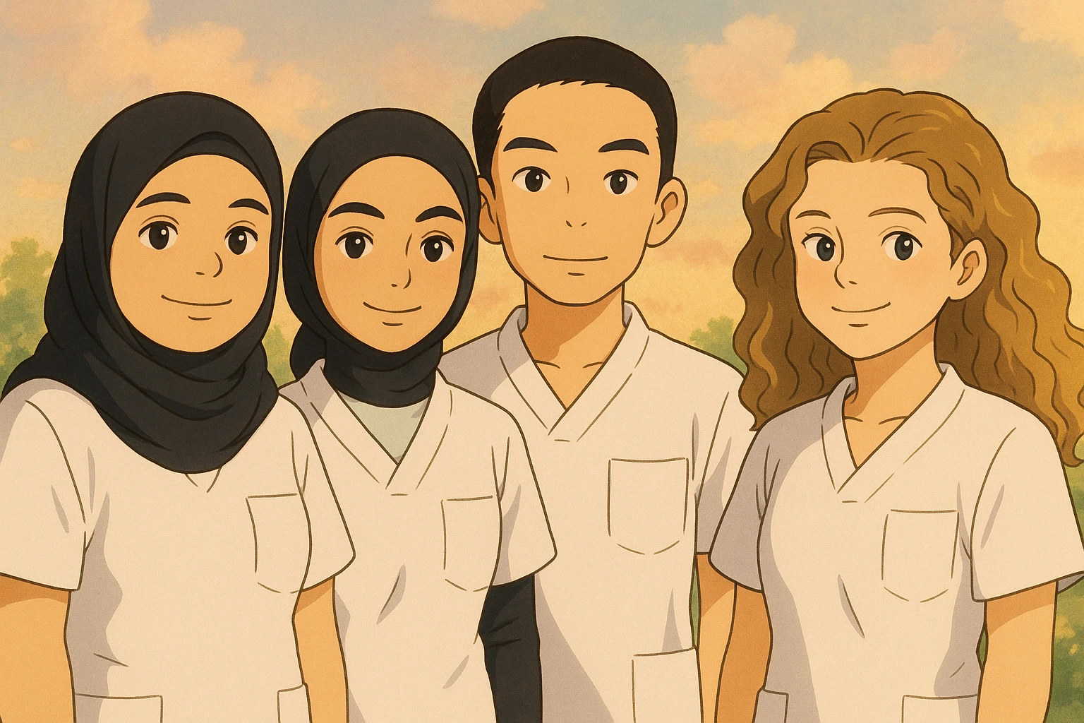 Four nursing students standing side by side in a warm atmosphere, styled in Ghibli. They wear white short-sleeve uniforms without collars, no undershirts or stethoscopes. Tops are medical tunics with V-necks and a chest pocket on the left side. Faces and attitudes inspired by the four provided photos, with a different composition. emoji