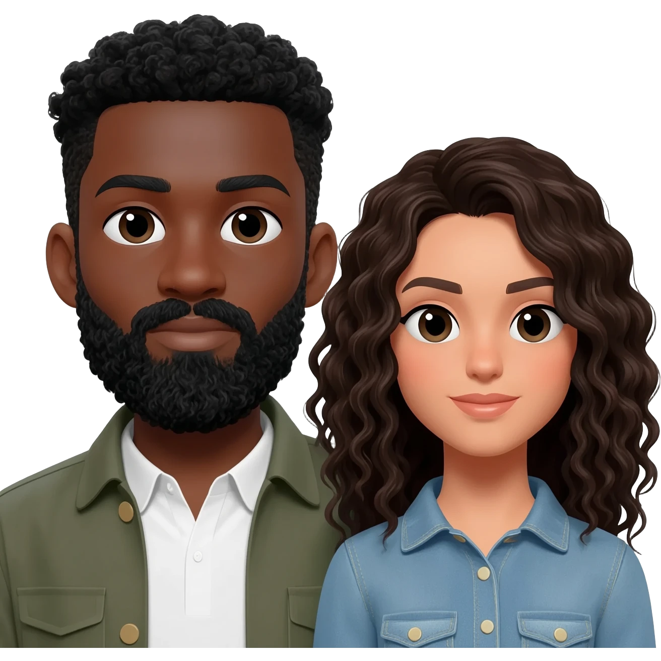 Homem Negro com cavanhaque e mulher branca. cabelos cacheados e preto longo emoji