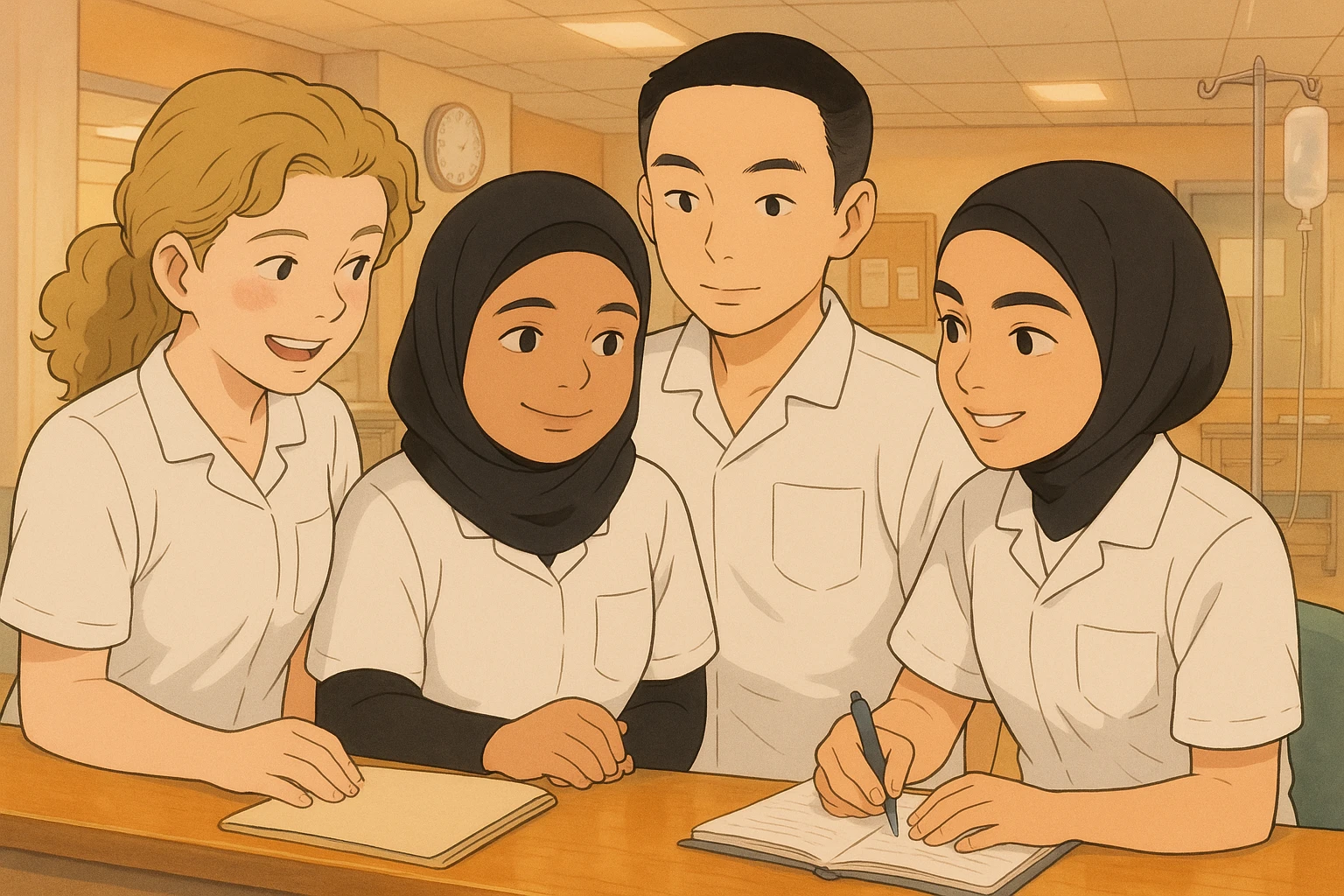 Recreate a team scene of nursing students at a care station in a warm, hospital atmosphere inspired by Ghibli style. Use the faces and characteristics of the four students from the provided photos as reference. They wear white medical uniforms with V-neck tunics, short sleeves, and a left chest pocket. No classic collars, stethoscopes, or undershirts visible. Show visible interaction and collaboration among them, conveying a warm and caring environment. emoji