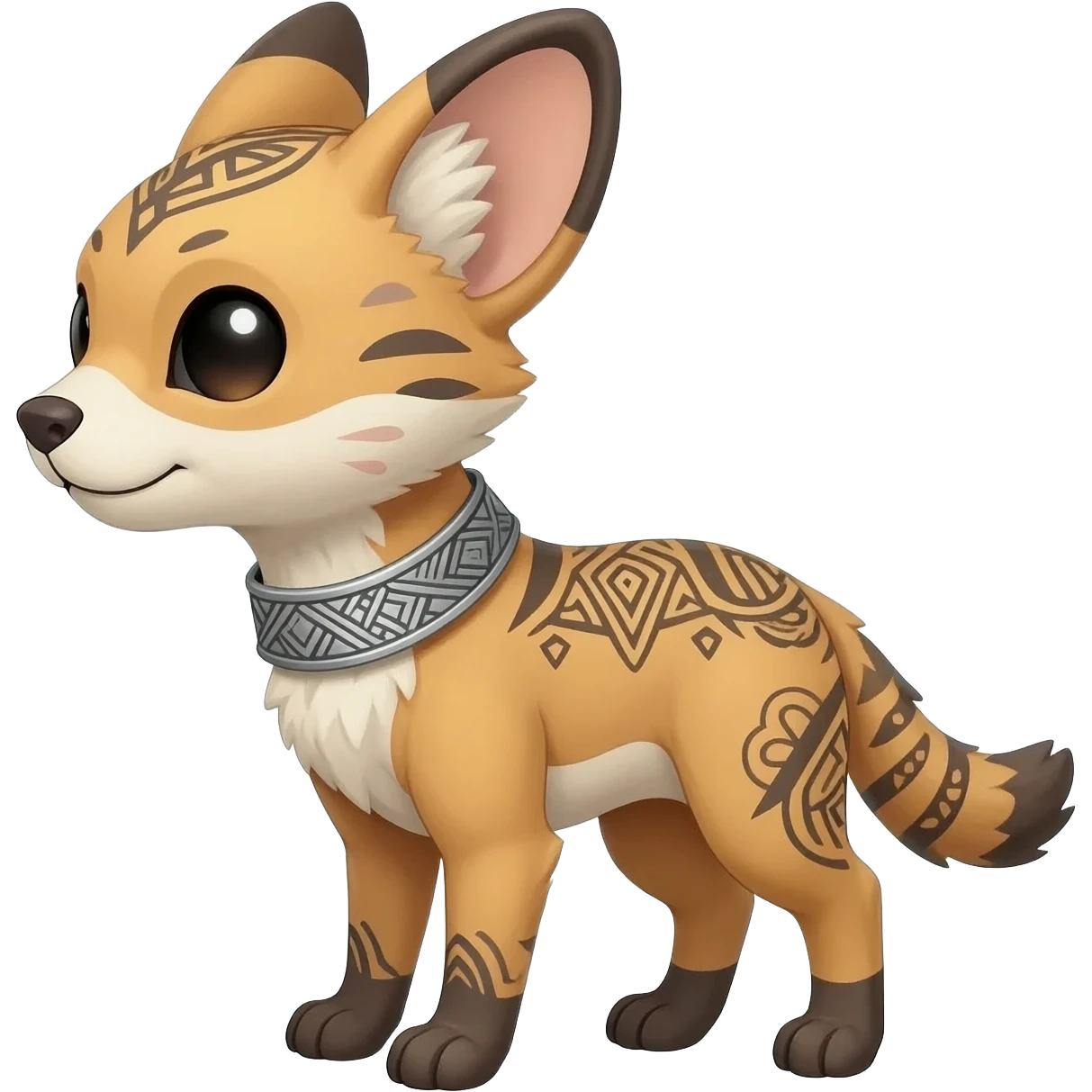 Rare pastel exotic edgy cool epic aesthetic gothic colorful Salandit-Litten-Furfrou-Houndour-Civet-species-Fakemon-hybrid-creature, with a collar, and with intricate tribal markings, full body emoji