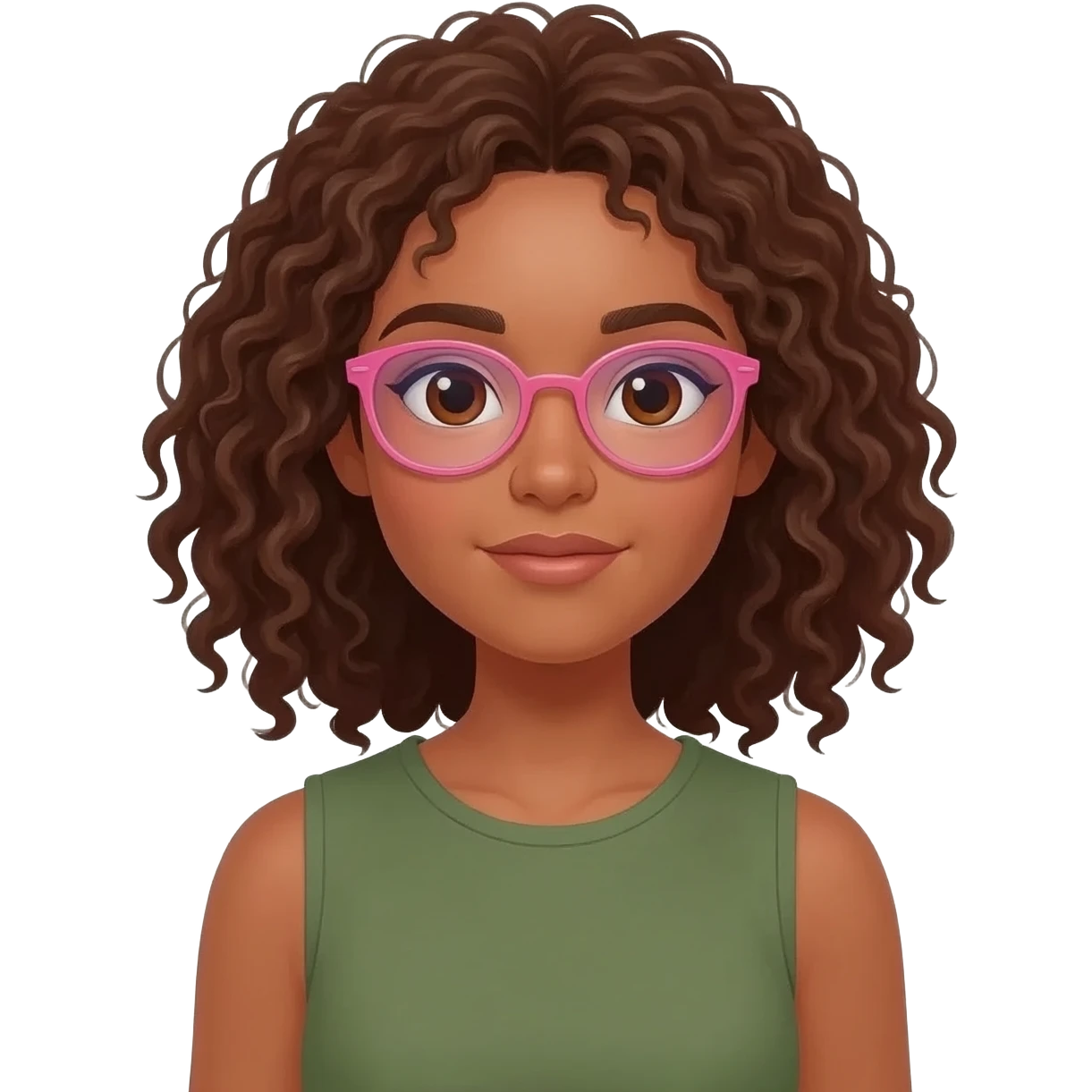 Chica con tono de piel canela de cabello rizado a los hombros con top verde olivo escotado sin mangas y con lentes graduales rosas para usar como emoji de WhatsApp emoji