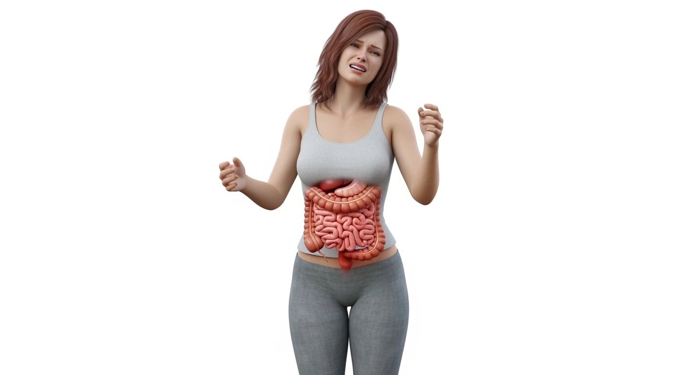 donna a figura intera con intestino umano realistico in 3d in evidenza dolorante, espressione di dolore in volto, sfondo bianco, non farla computerizzata, ma iperrealistica 4k, sfondo bianco emoji