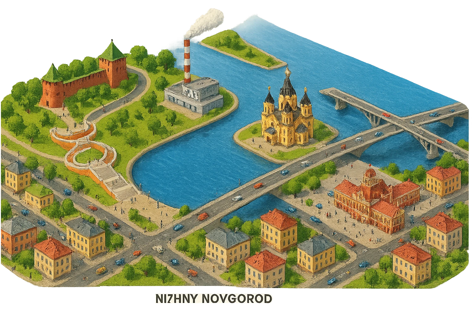 Изометричная миниатюрная фотореалистичная 3D модель панорамы Нижнего Новгорода - Нижегородский Кремль, Стрелка между Окой и Волгой, ГАЗ, Чкаловская лестница, Борский Мост через Волгу, Нижегородская ярмарка, нижегородские дома, автотранспорт четкие линии, яркие цвета, мультяшный реализм, люди, автотранспорт, компактная композиция, вид сверху в изометрии, прозрачный фон emoji