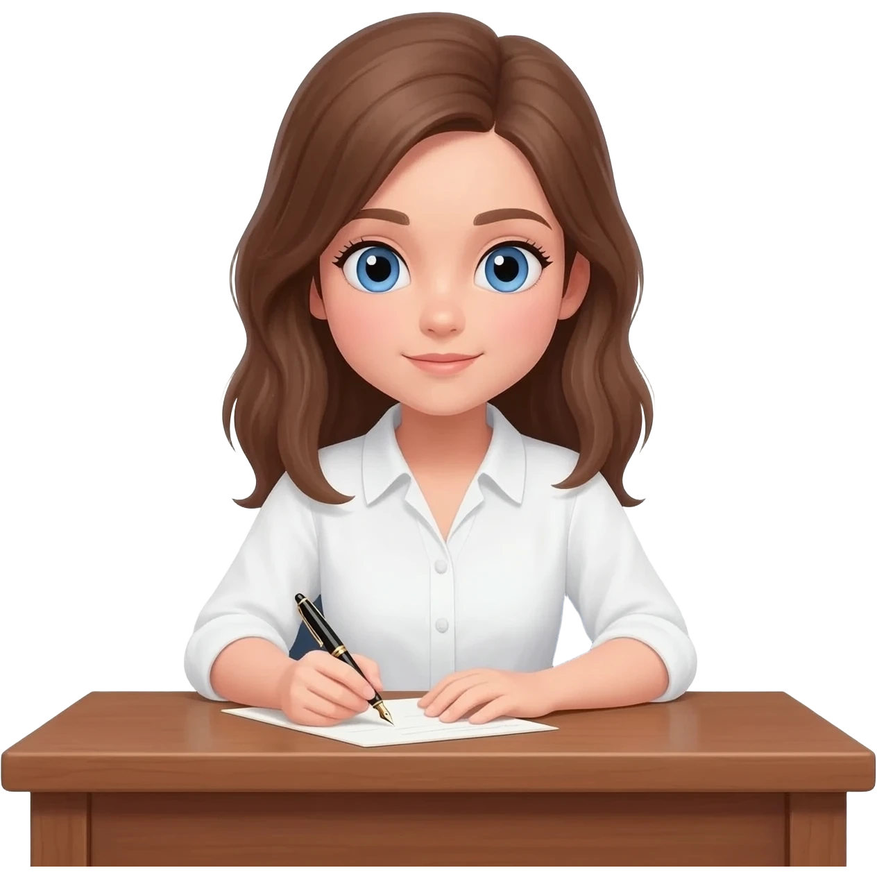 brown hair blue eyed girl writing emoji