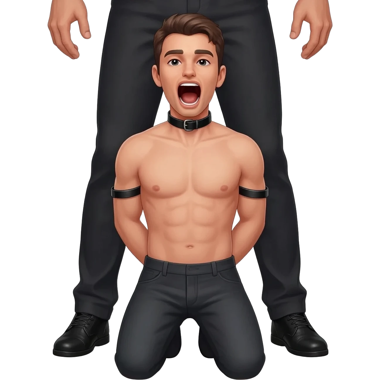 thirty year old nude guy on his knees with mouth wide open and a black leather collar around his neck and hands tied behind his back and a man stands behind him on his feet emoji