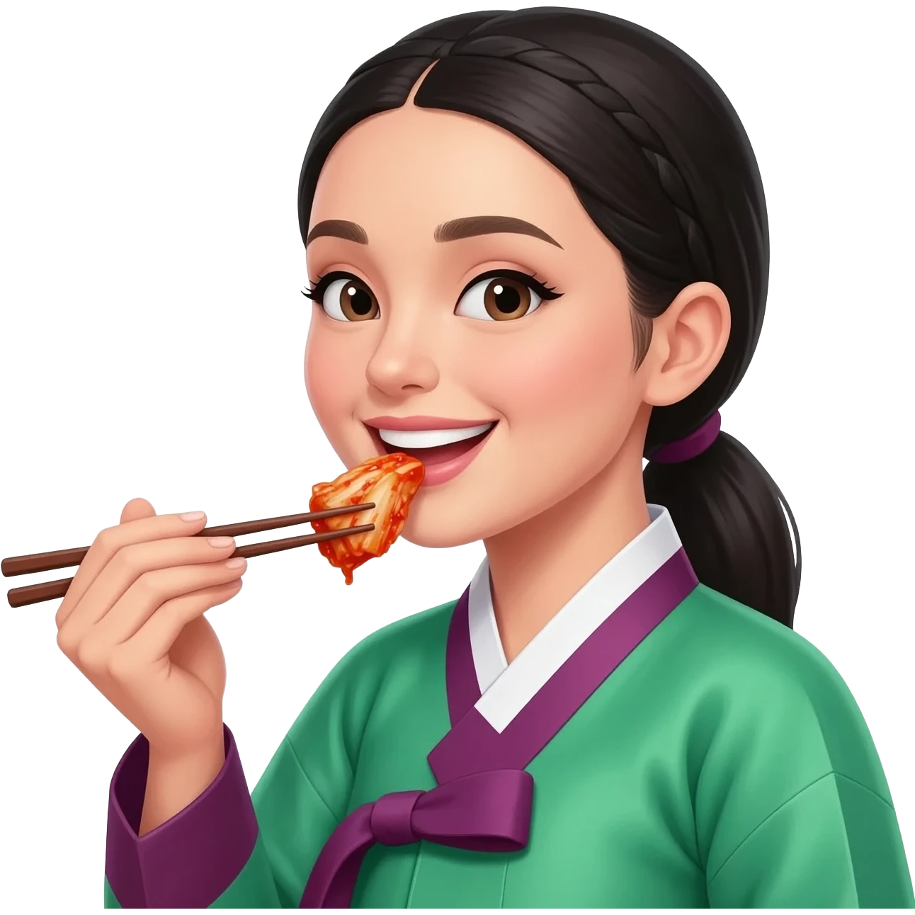 Hanbock brunette european eyes woman adult smiling with eyeliner and BLACK BLACK long hair ponytail eat kimchi 🥢 emoji