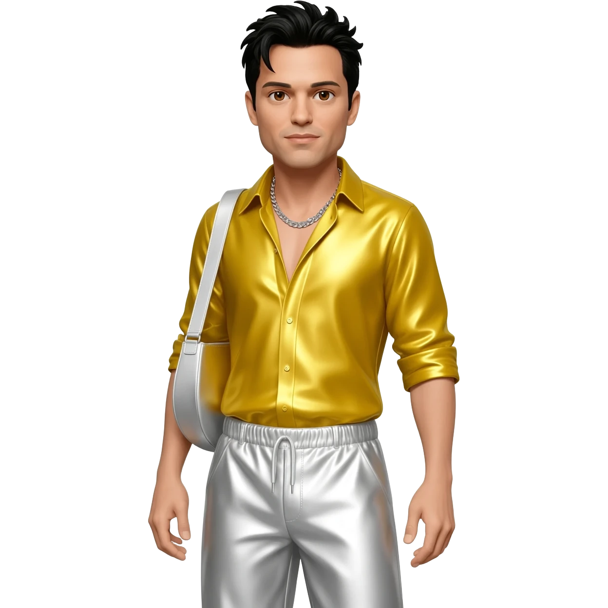 Jonathan Knight from NKOTB with brown eyes, black hair, yellow metallic shirt, white metallic baggy pants, silver necklace emoji