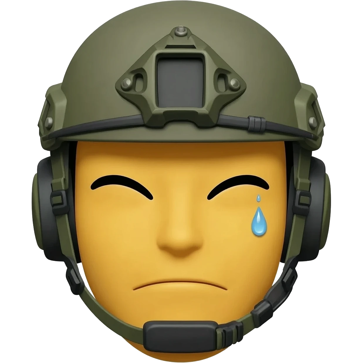 The "Kobe" Face: A standard yellow emoji face wearing a tactical helmet, sweating a single drop, with one eye squinted as it aims a throw. emoji