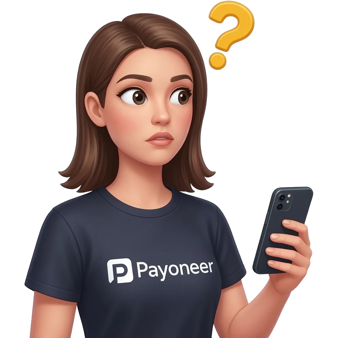 Girl looking at her phone with wondering face and a question mark wearing dark tshirt with payoneerwritten on it emoji