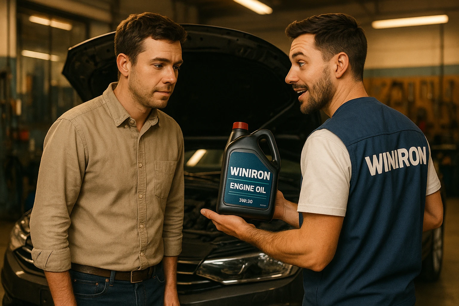 Create a realistic automotive workshop scene. Two men are standing next to a car with its hood open. One man is a customer listening attentively. The other man is a Winiron employee wearing a white T-shirt and a blue vest with a “WINIRON” logo on the back. The Winiron employee is holding and recommending a Winiron engine oil canister. Background shows a workshop interior with tools, soft warm lighting, realistic reflections on the car body. Cinematic, detailed, 8K hyper-realistic, professional commercial photography style. emoji