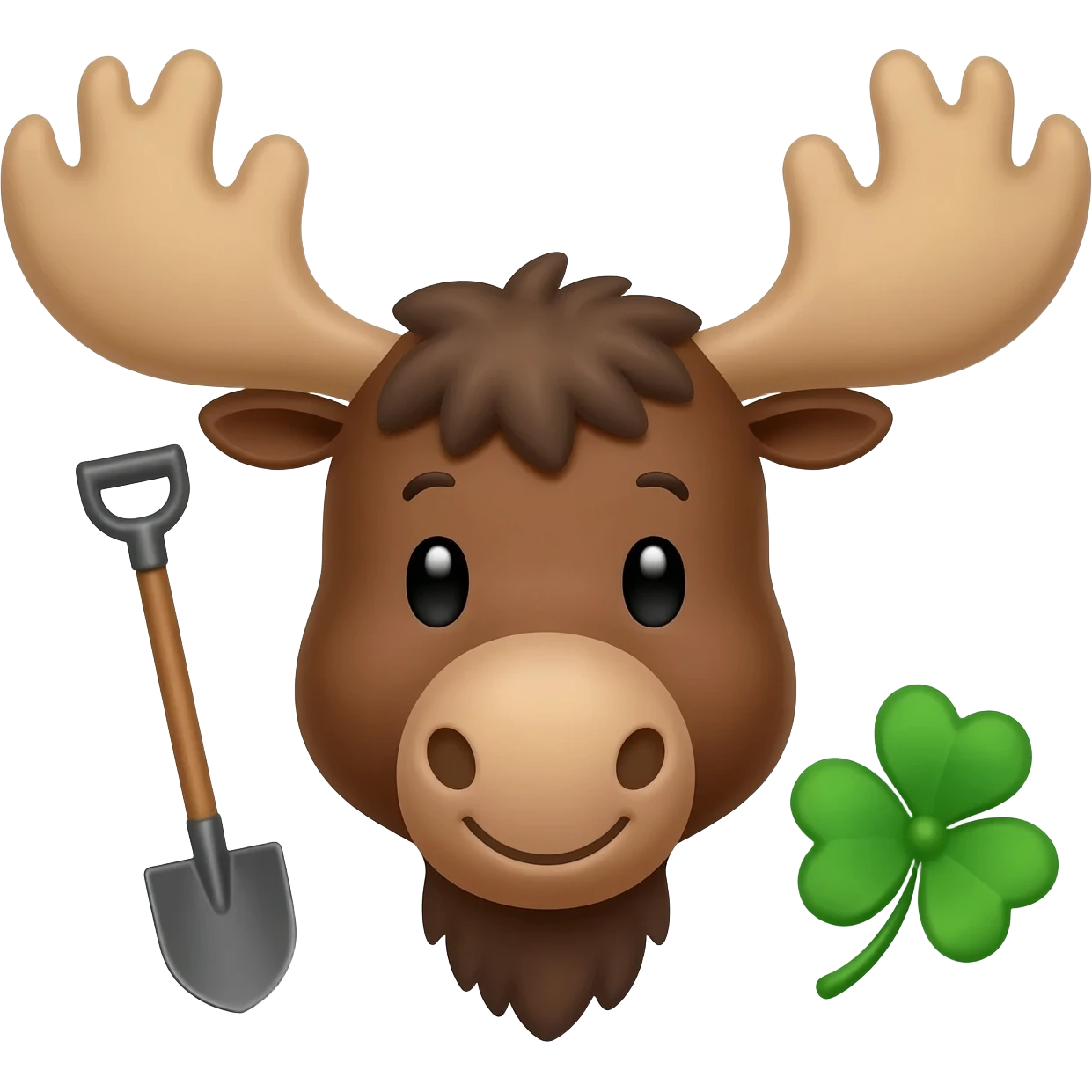Fröhlicher elchkopf mit schaufeln und mit einem Glücksklee neben dran emoji