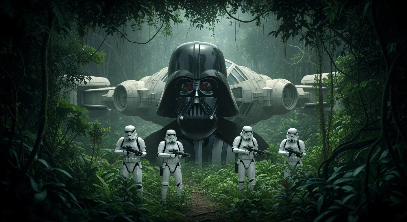 cinematic still, Closeup shot, amazon jungle, frame within a frame), Darth Vader around stormtroopers coming out from starship on ground, they are exploring the jungle, inspired by StarWars movie, captured by arri alexa emoji