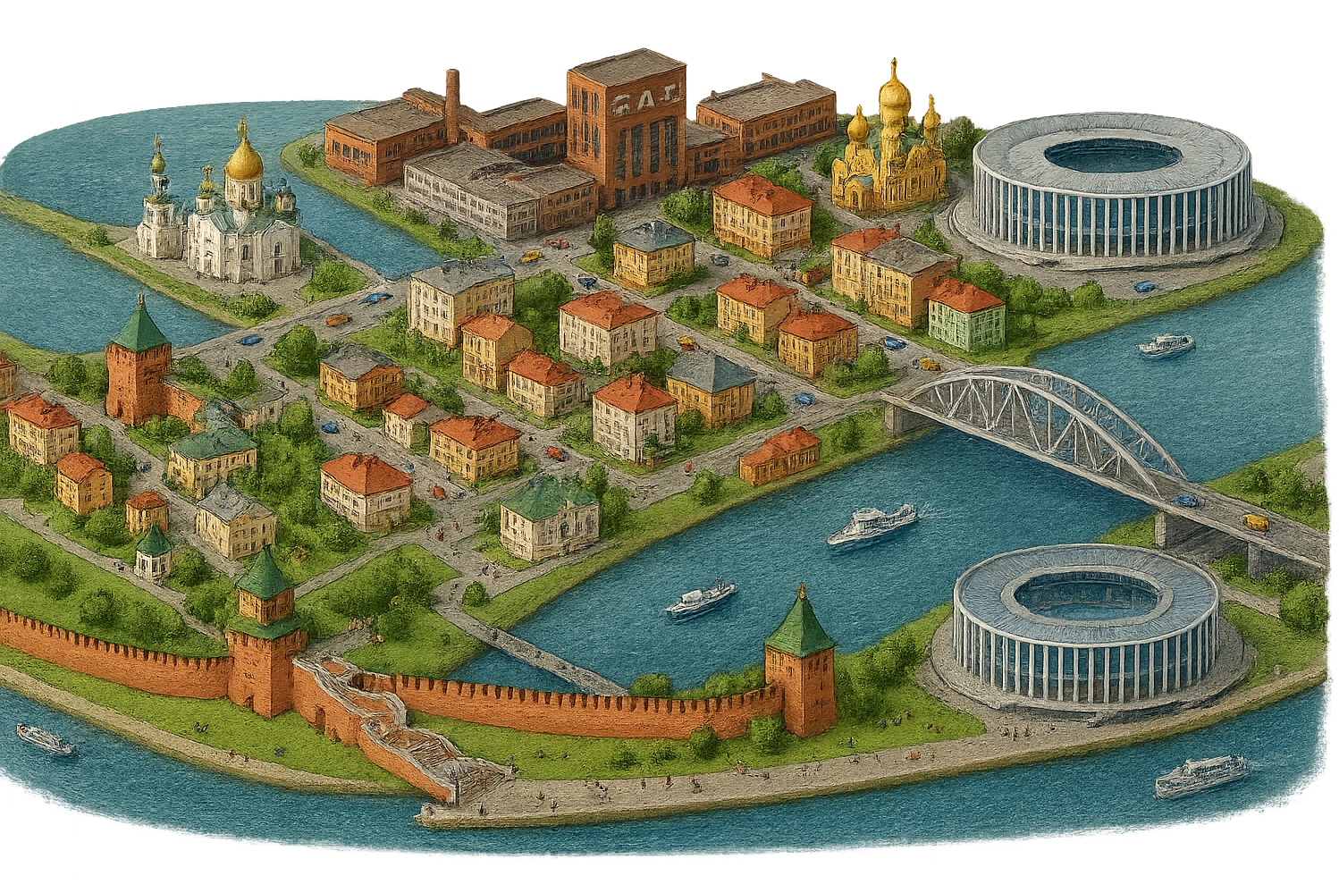Изометричная миниатюрная фотореалистичная 3D модель панорамы Нижнего Новгорода - Нижегородский Кремль, Стрелка между Окой и Волгой, стадион Нижний Новгород, ГАЗ, Чкаловская лестница, Борский Мост через Волгу, Нижегородская ярмарка, немного нижегородских домов, автотранспорт четкие линии, яркие цвета, люди, компактная композиция, вид сверху в изометрии, прозрачный фон emoji