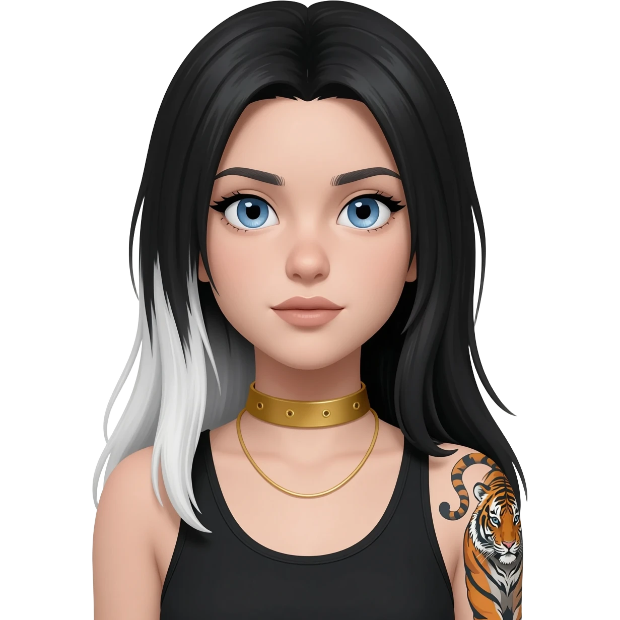 Emoji with blue eyes girl with long black and white hair wearing a gold choker neckless wearing black tank top tiger tattoo on right arm emoji
