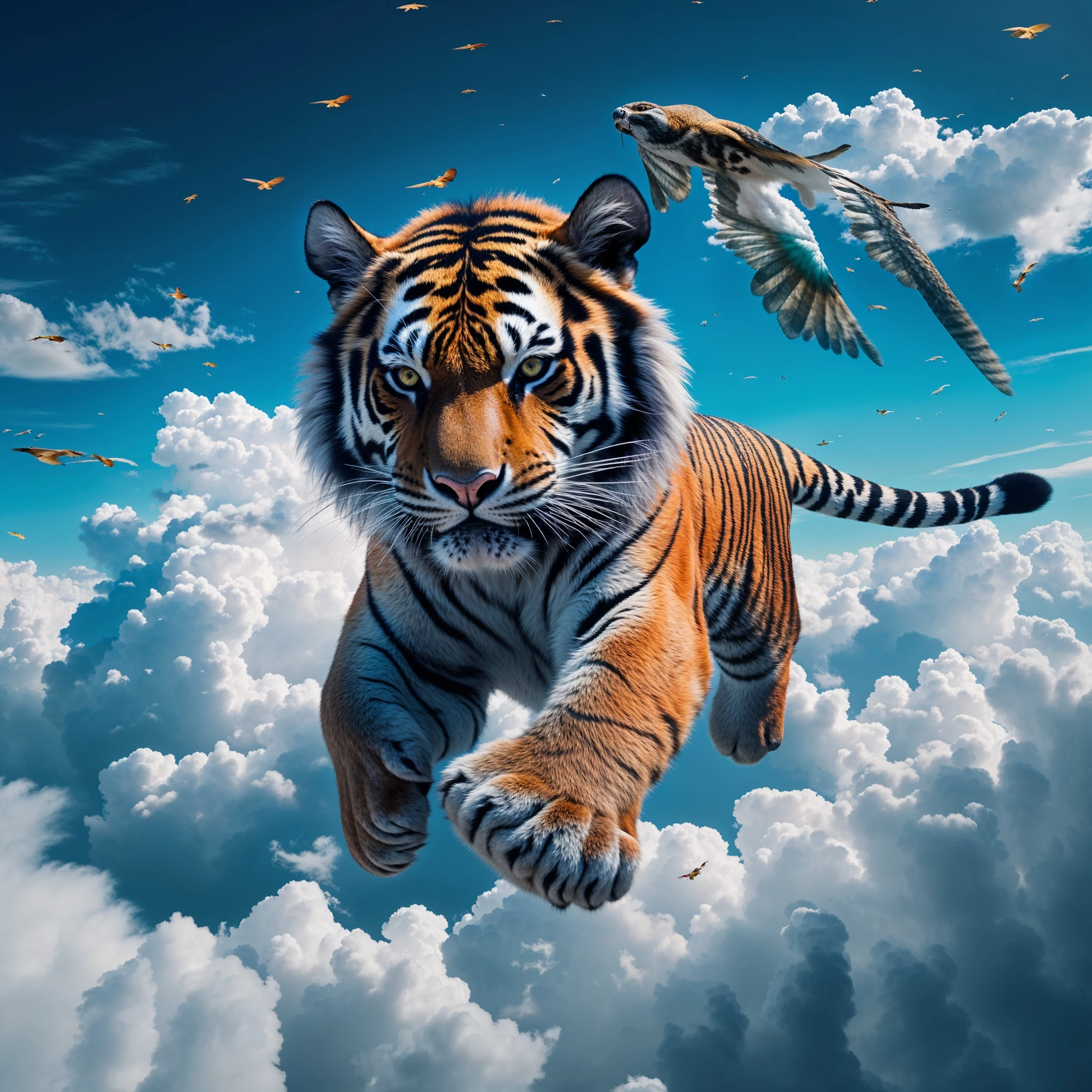 Tiger with corwn flying around clouds, blue solid color, with cinematic blur emoji