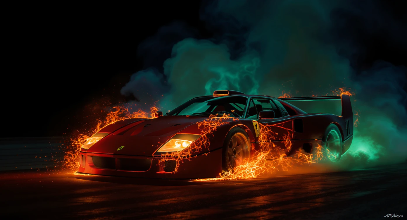 ferrari f40 in fire, black voice around, top spot light, dark has turquoise shade, cinematic look, captured on arri alexa emoji