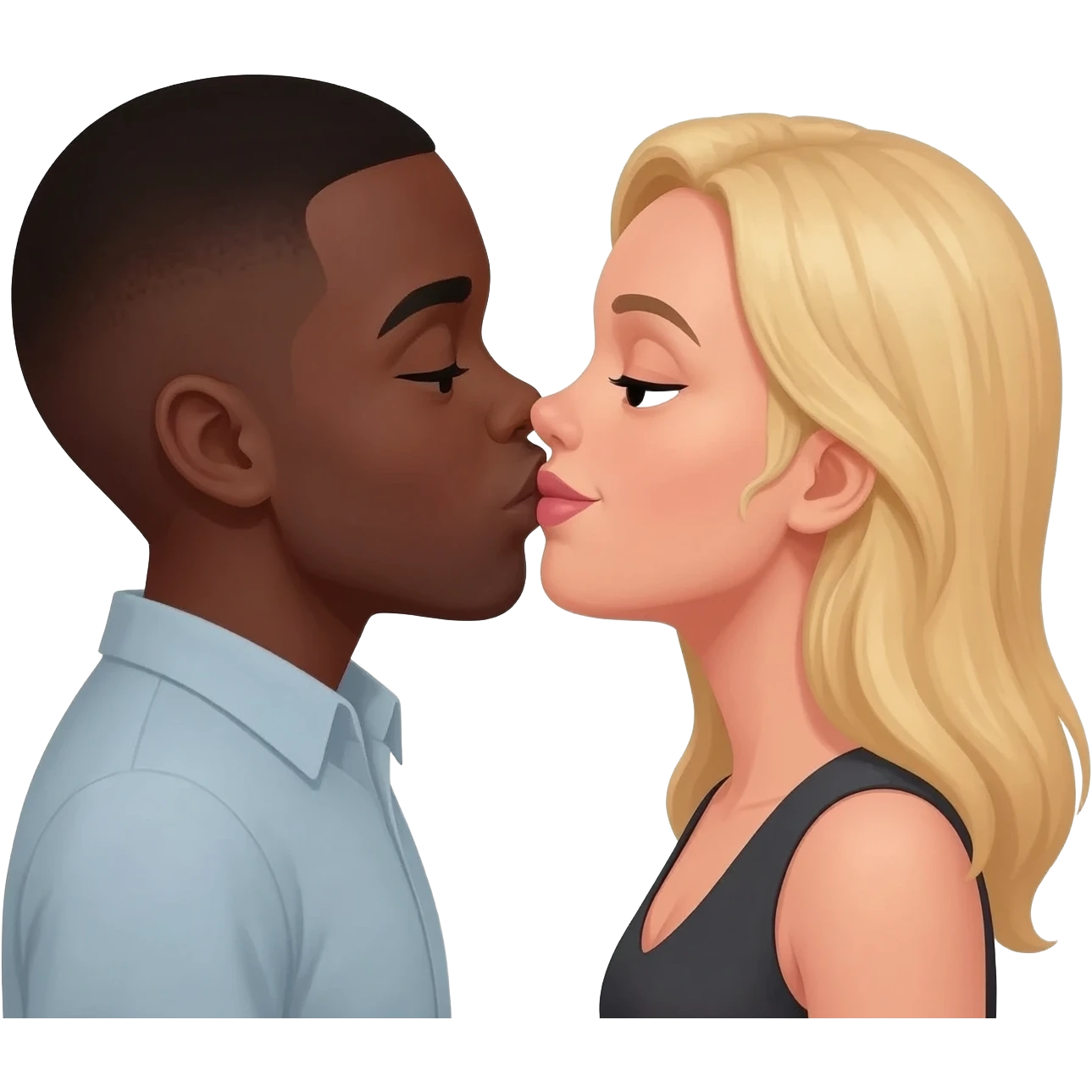 Black man with shaved head kissing blonde woman emoji