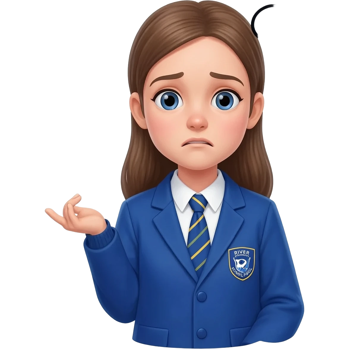 girl from river primary school Kent wearing school uniform shrugging with thought bubble containing mathematical symbols. Girl looks confused emoji