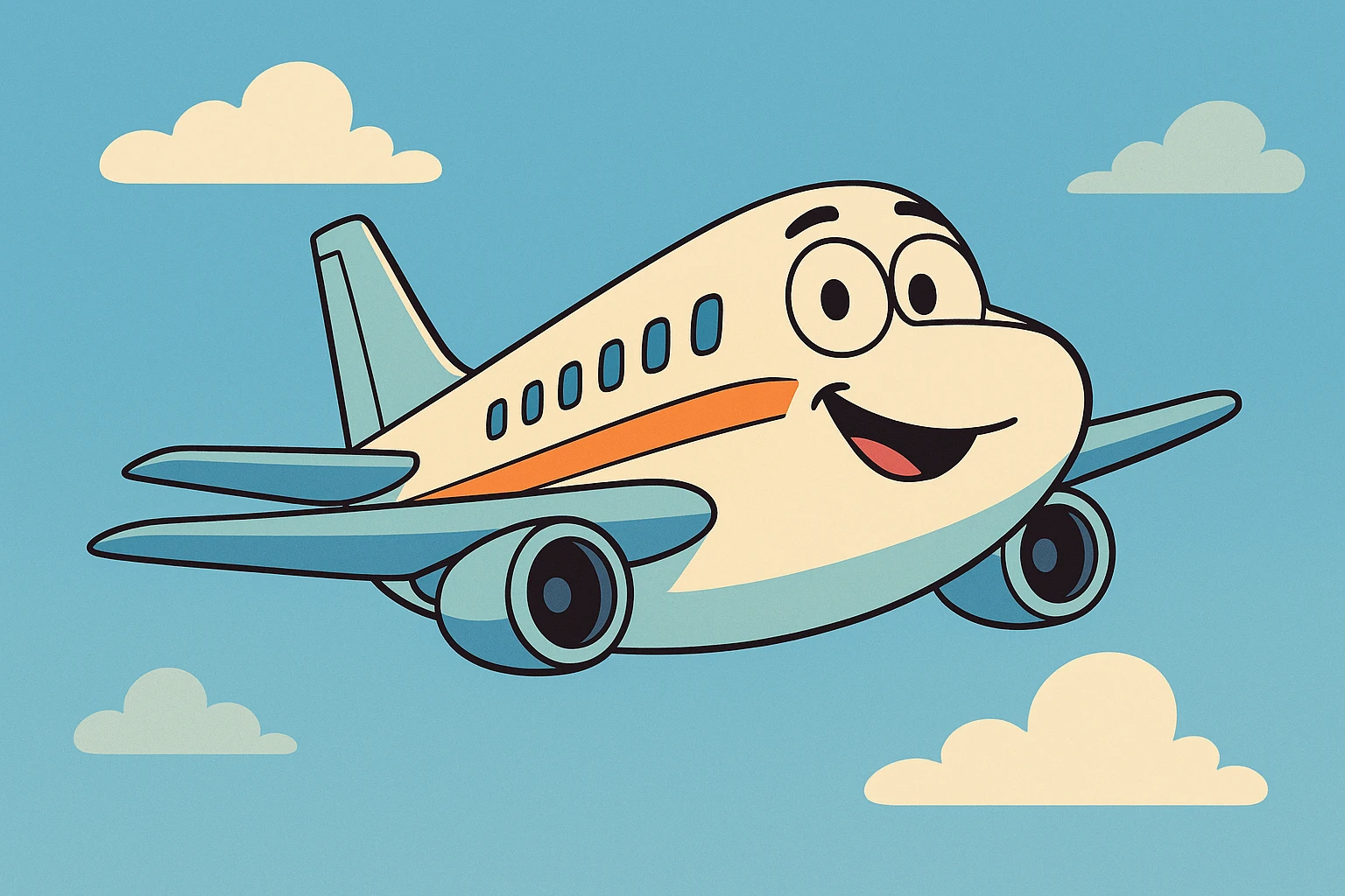 a cartoon airplane flying in the sky, simple and cheerful, bright colors, clear sky background emoji