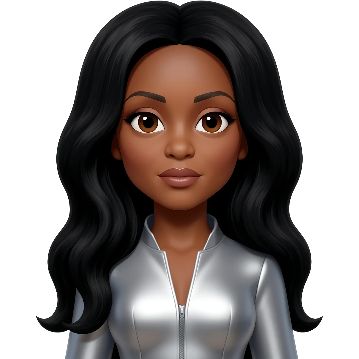Diana Ross with brown eyes, long black hair, silver metallic outfit emoji