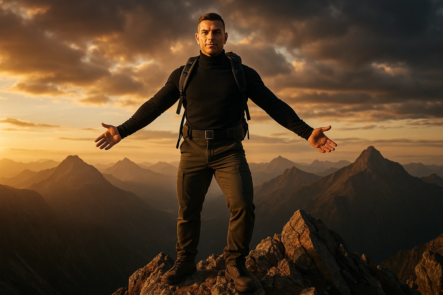 uomo che arriva in cima alla vetta accogliendo le sfide della vita e le supera senza paura, iperrealistica cinematografica 4k emoji