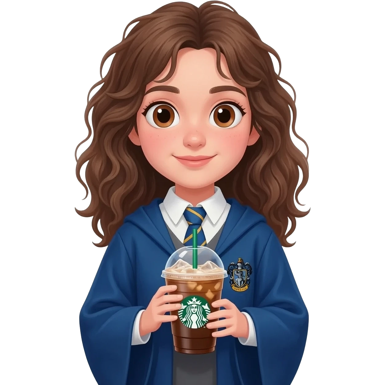 a girl with messy wavy hair in a blue Ravenclaw robe, she's standing and holding an ice starbucks americano in her hands emoji