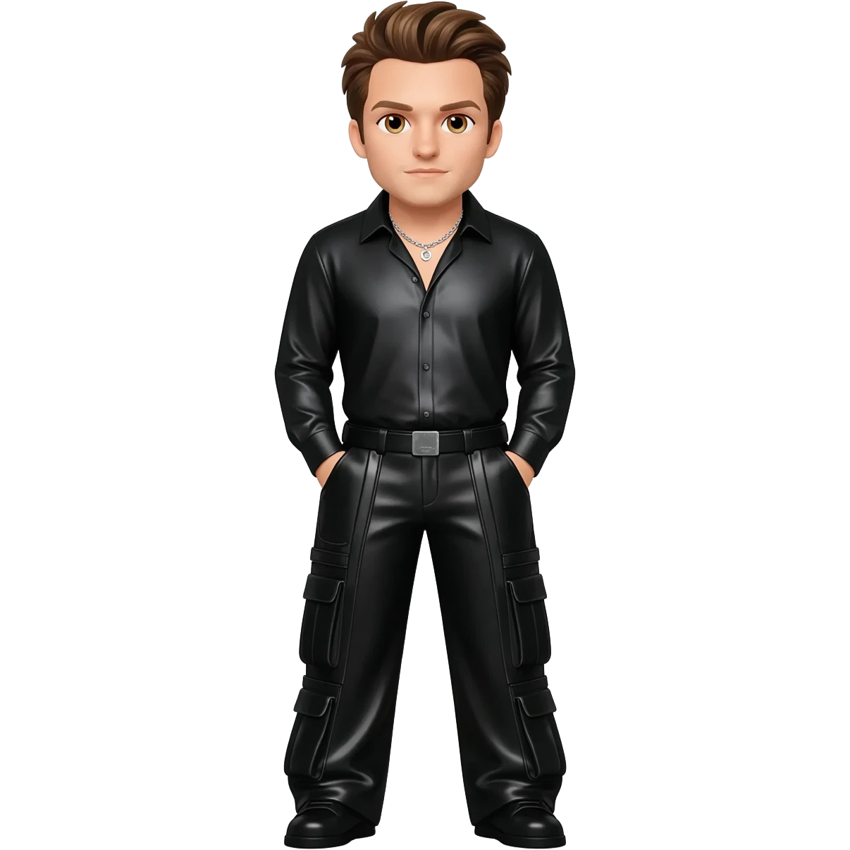 Shane Filan from Westlife with hazel eyes, brown hair, black metallic shirt, black metallic baggy pants, silver necklace emoji