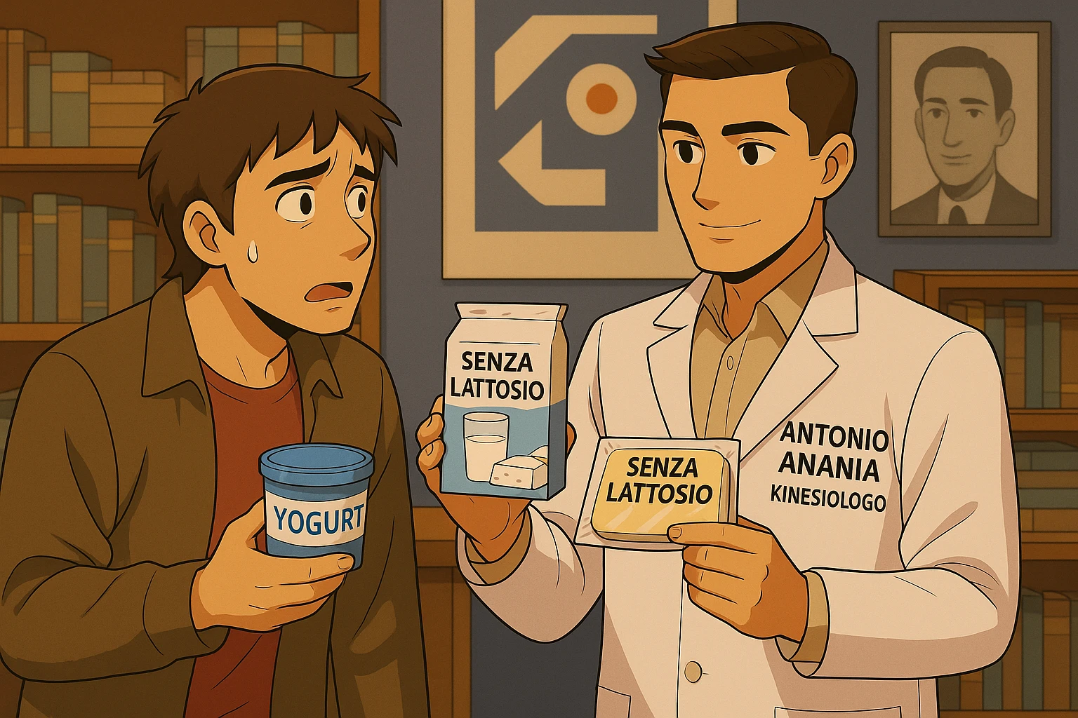 fai un webtoon manga a colori con questo stile, in cui un uomo ASCOLTA Il kinesiologo con il camice bianco (fagli anche la scritta "ANTONIO ANANIA" SUL CAMICE, IL KINESIOLOGO SPIEGA ALL'UOMO UNA MOSTRANDO VARI PRODOTTI DA SUPERMERCATO CONFEZIONATI (TIPO SCATOLA DI LATTE, MOZZARELLE CONFEZIONATE, FORMAGGIO CONFEZIONATO), OGNI CONFEZIONE HA LA SCRITTA "SENZA LATTOSIO SULL'ETICHETTA. L'UOMO OSSERVA IL KINESIOLOGO CON ESPRESSIONE CONFUSA IN VOLTO. non fare i fumetti però, fai solo in modo che sembri stiano parlando emoji