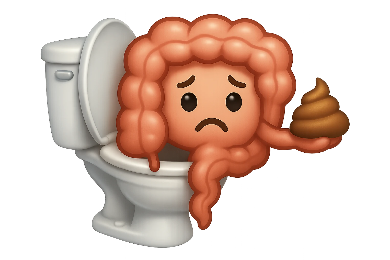 emoji stile iphone di un intestino che esce dal wc con in mano una montagnetta di feci con espressione triste a palline emoji