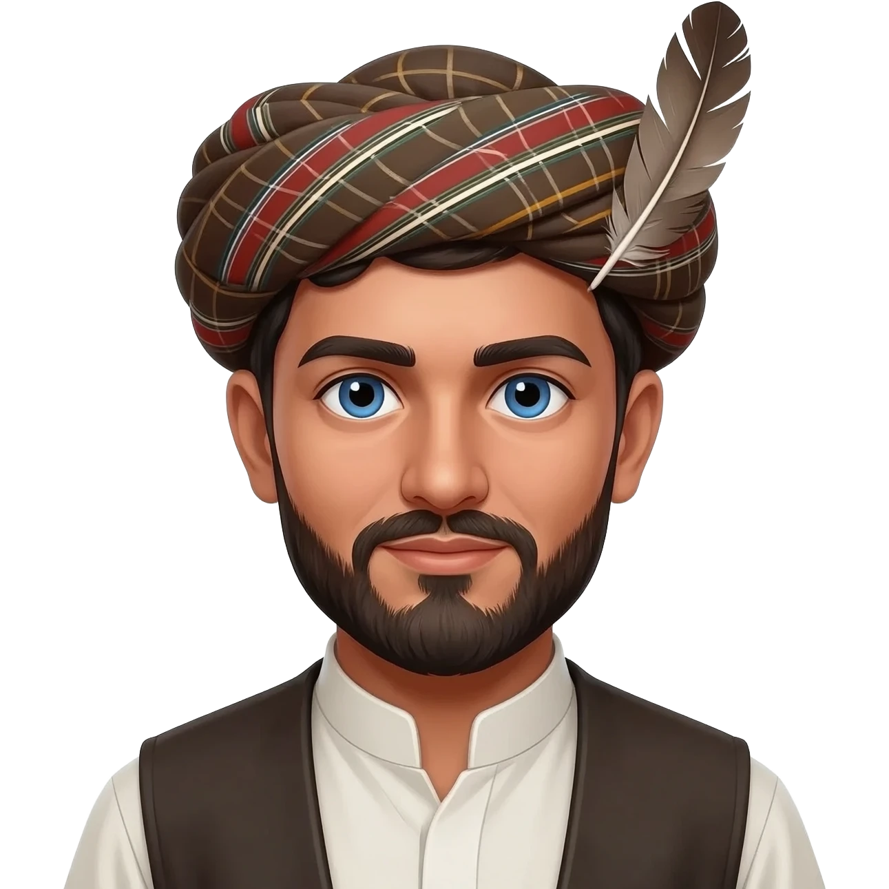 Pashtun emoji with the traditional hat the pakul with a feather and blue eyes emoji