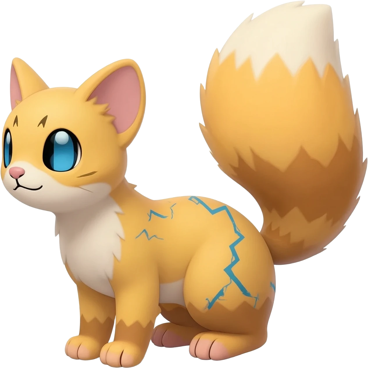 Realistic elegant sunburnt mango-saffron fur shattered by electric sky-blue zigzag scars beautiful elegant pretty precious cute  Fakémon-Pokémon-opossum-feline-serval-caracal-chinchilla-Furret-Minccino-hybrid-creature with a big fluffy bushy tail (full body) emoji