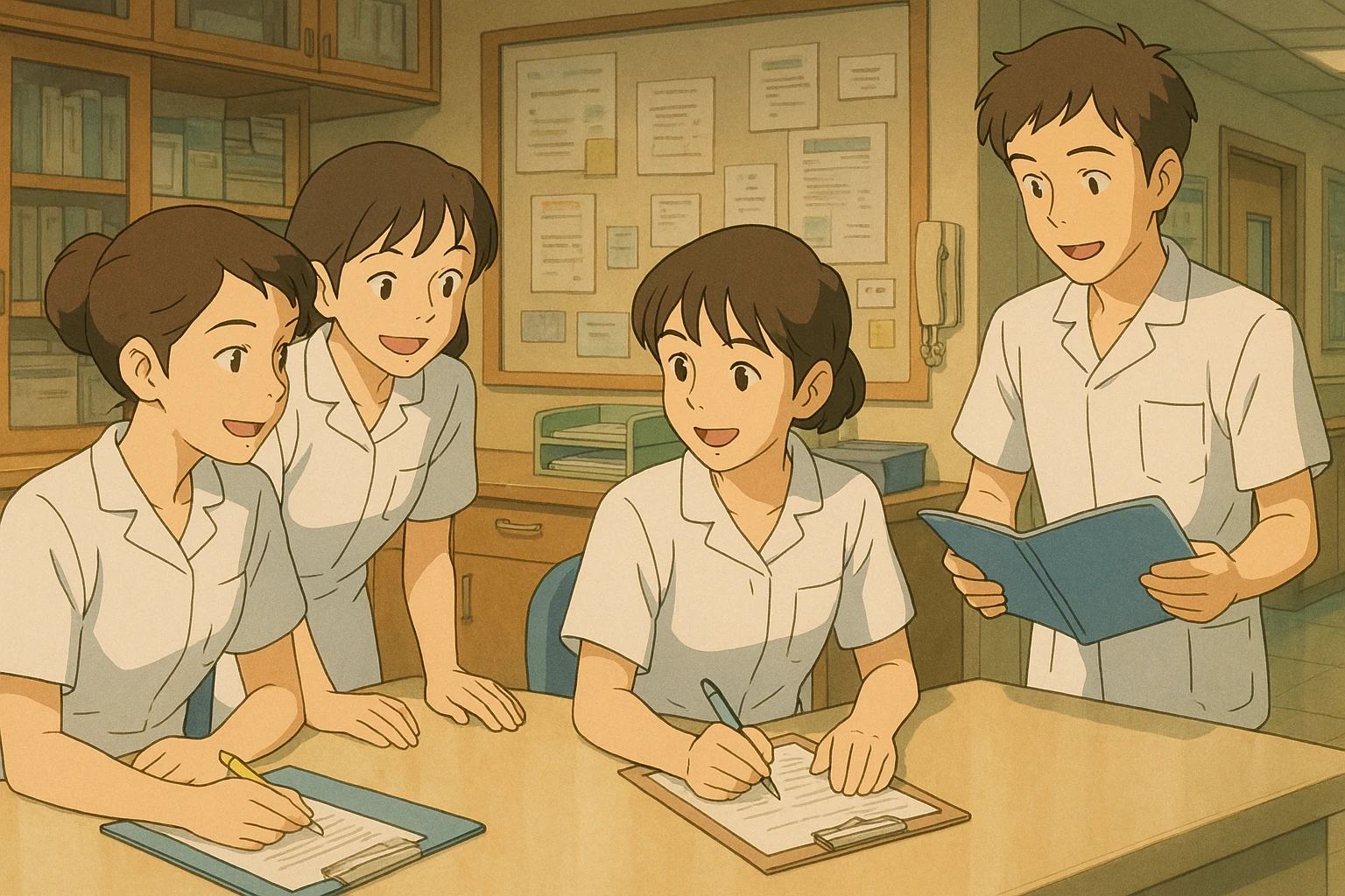 Four nursing students inspired by references, collaborating and interacting in a care station, wearing white short-sleeve uniforms with V-neck medical tunics, left chest pocket, no collar stand, no stethoscopes, nothing protruding from sleeves, warm, dynamic, professional atmosphere, Ghibli style emoji