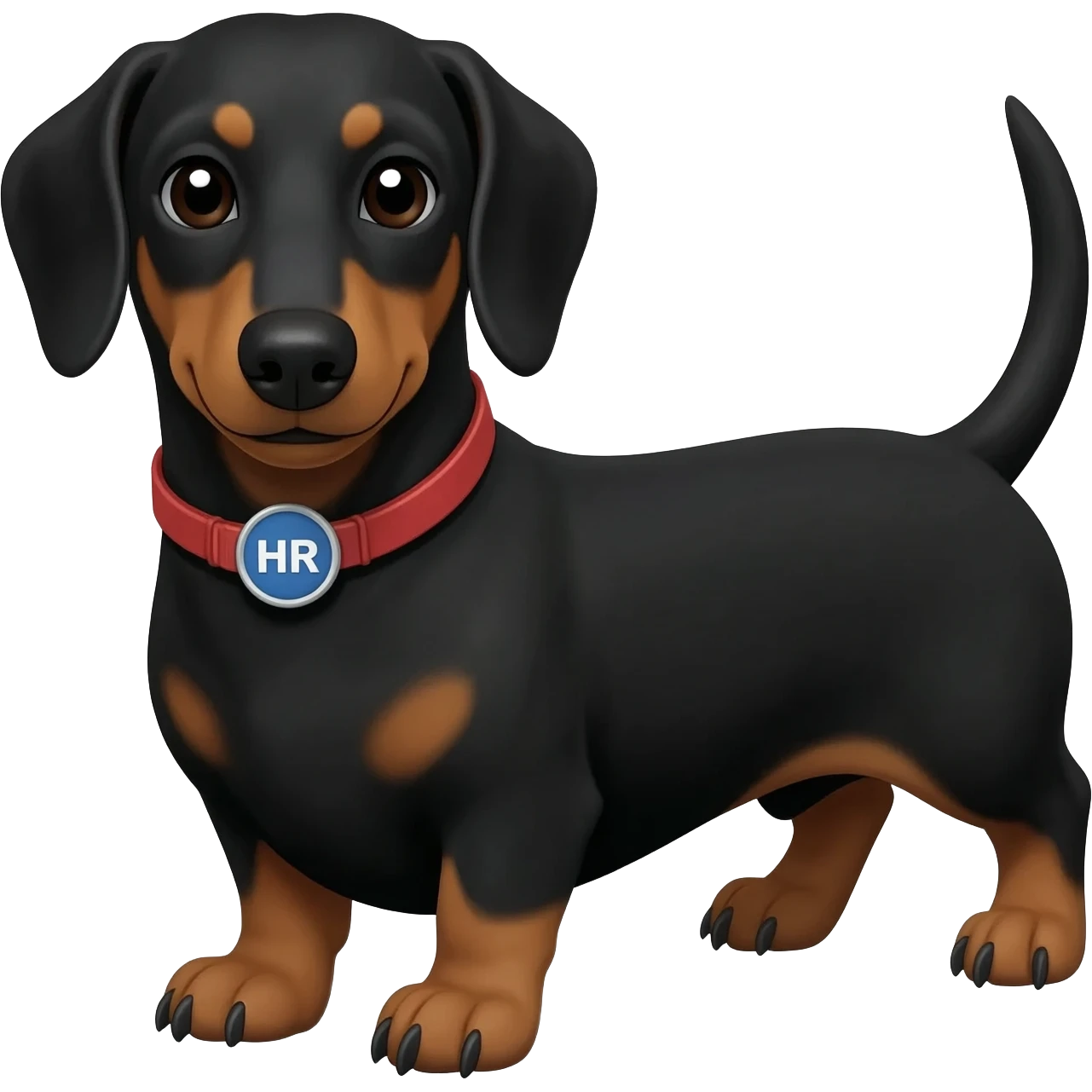Perrito salchicha de color negro, con un collar que en su placa diga HR. Para promocionar mi ferretería emoji