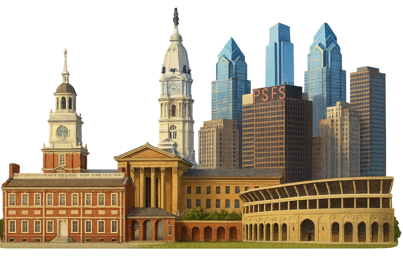 Make Franklin Field Stadium in the Philadelphia emoji more realistic, accurately depicting its two-level structure. Keep the wide city view with Independence Hall, Philadelphia Museum of Art with the Rocky Steps, city skyline, City Hall tower, PSFS building exactly the same. Maintain lifelike detail, accurate colors, bright daytime lighting. Use a fully transparent background with no sky, no clouds, and no imaginary or generic buildings. Style should resemble a realistic cityscape emoji with detailed architecture and accurate representation. emoji