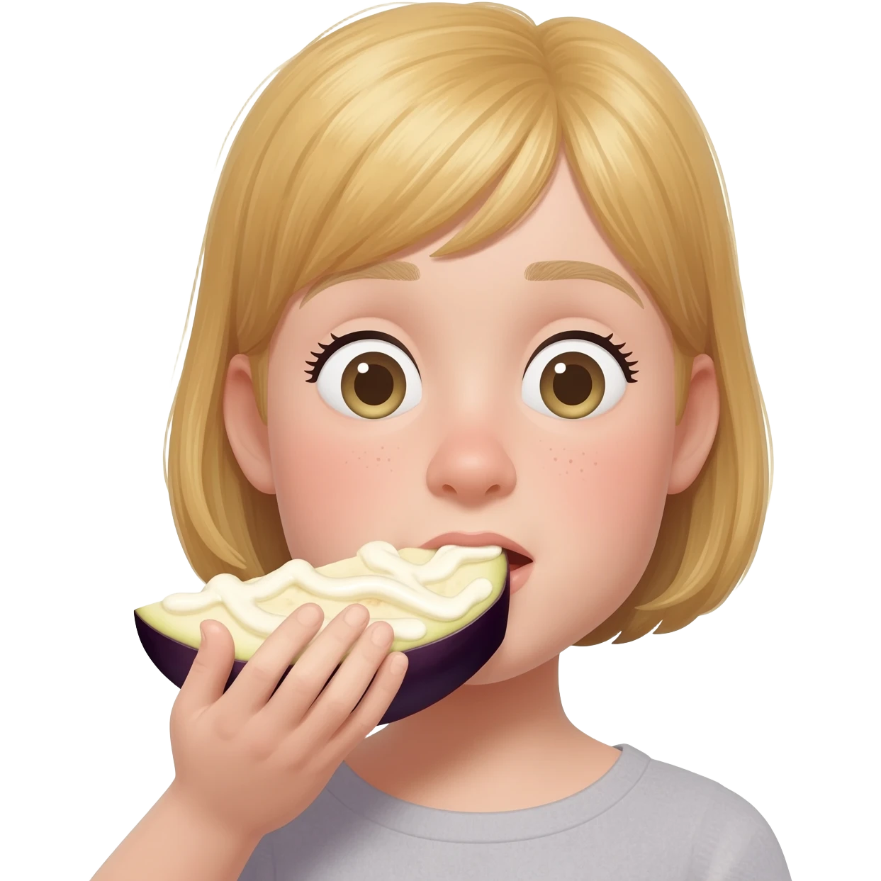 Make a girl eating a eggplant with white mayo sause on it and she’s has blonde hair emoji