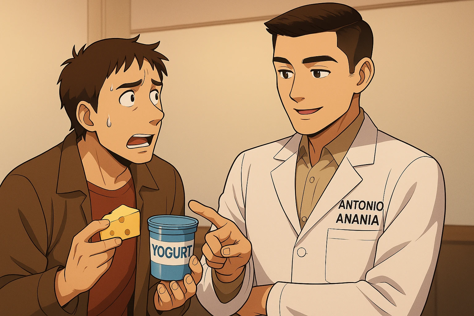 fai un webtoon manga a colori con questo stile, in cui un uomo fa una domanda al kinesiologo con il camice bianco (fagli anche la scritta "ANTONIO ANANIA" SUL CAMICE, l'uomo chiede una cosa mostrando un formaggio e uno yogurt al kinesiologo con il camice, IL KINESIOLOGO annuisce e SPIEGA ALL'UOMO UNA cos. L'UOMO ha un ESPRESSIONE CONFUSA IN VOLTO. non fare i fumetti però, fai solo in modo che sembri stiano parlando emoji