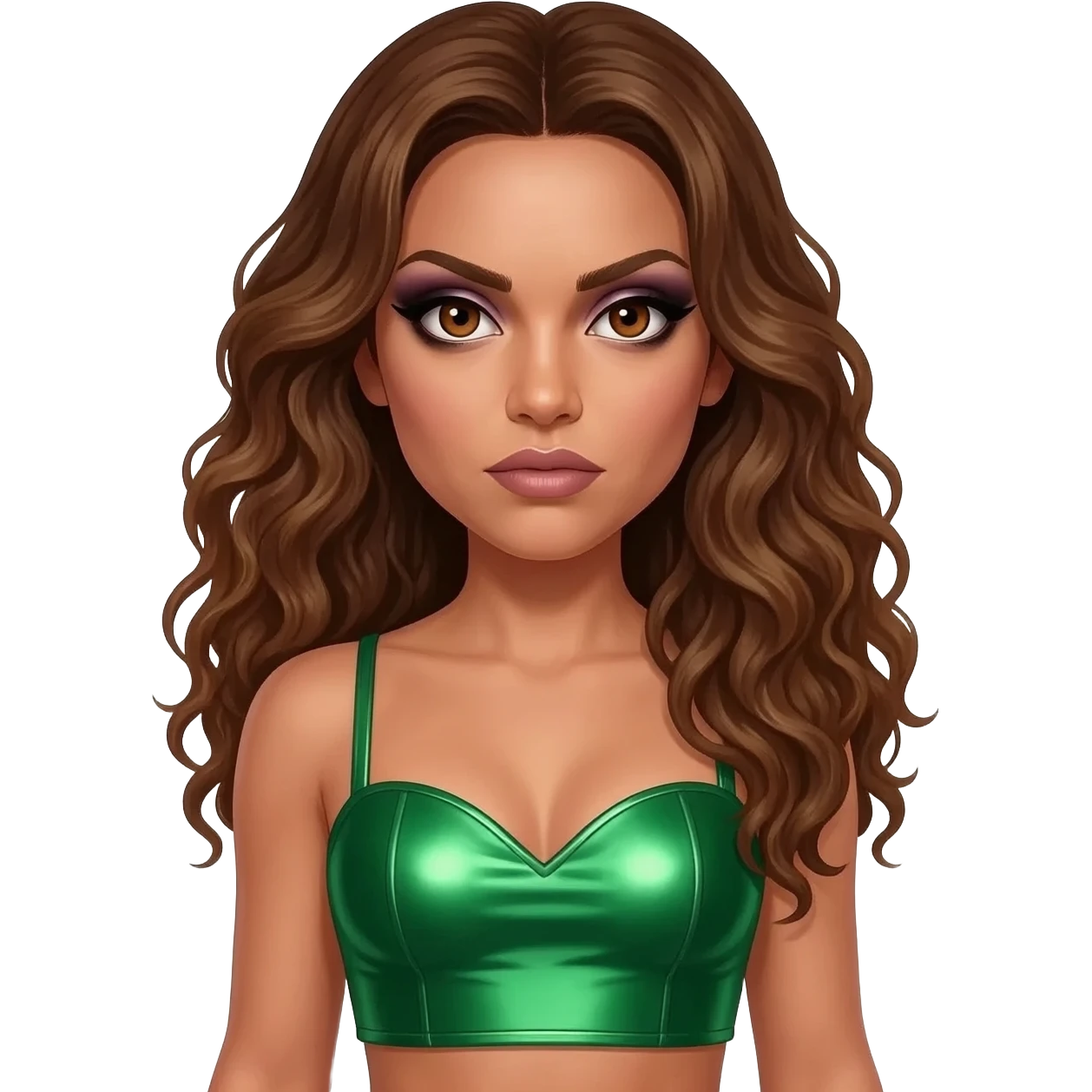 Scary Spice from Spice Girls with brown eyes, long brown curly hair, green metallic sweetheart crop top emoji