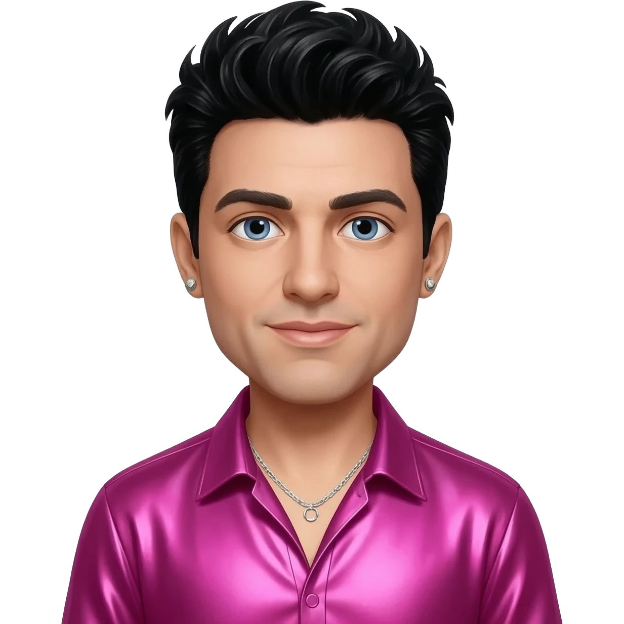 Frankie Zulferino, Pop Singer (b.1990) with blue eyes, black hair, hot pink metallic shirt, silver necklace and short earrings emoji