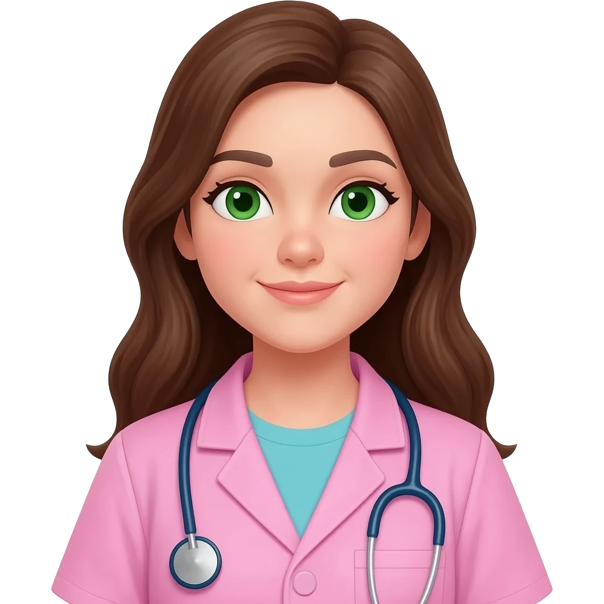 A girl veterinarian with long brown hair green eyes in a pink coat with a stethoscope emoji
