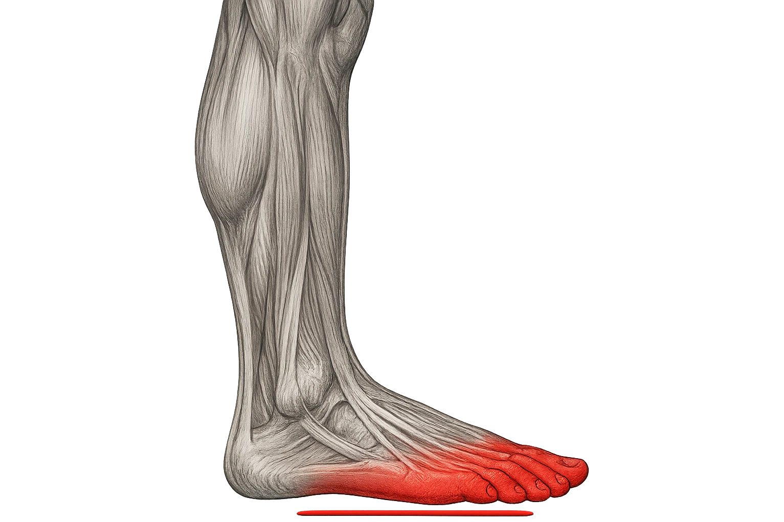 spazio dall'avampiede al tallone umano sottolineato in rosso, fai l'arto umano anatomico realistico con evidenza su quel tratto emoji