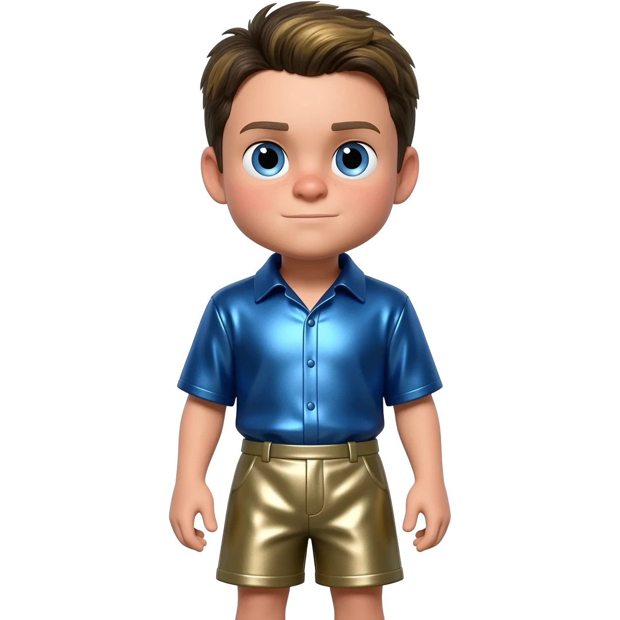 Martin Kratt with blue eyes, dark blonde hair, periwinkle blue metallic shirt, khaki metallic baggy shorts emoji
