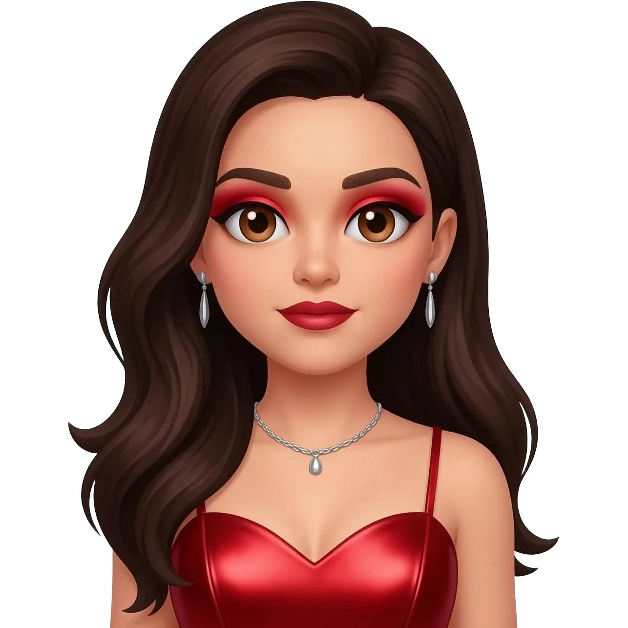 Kiely Williams from 3lw with hazel eyes, long dark brown hair, red eyeshadow and lipstick, red metallic sweetheart dress, silver necklace and earrings emoji
