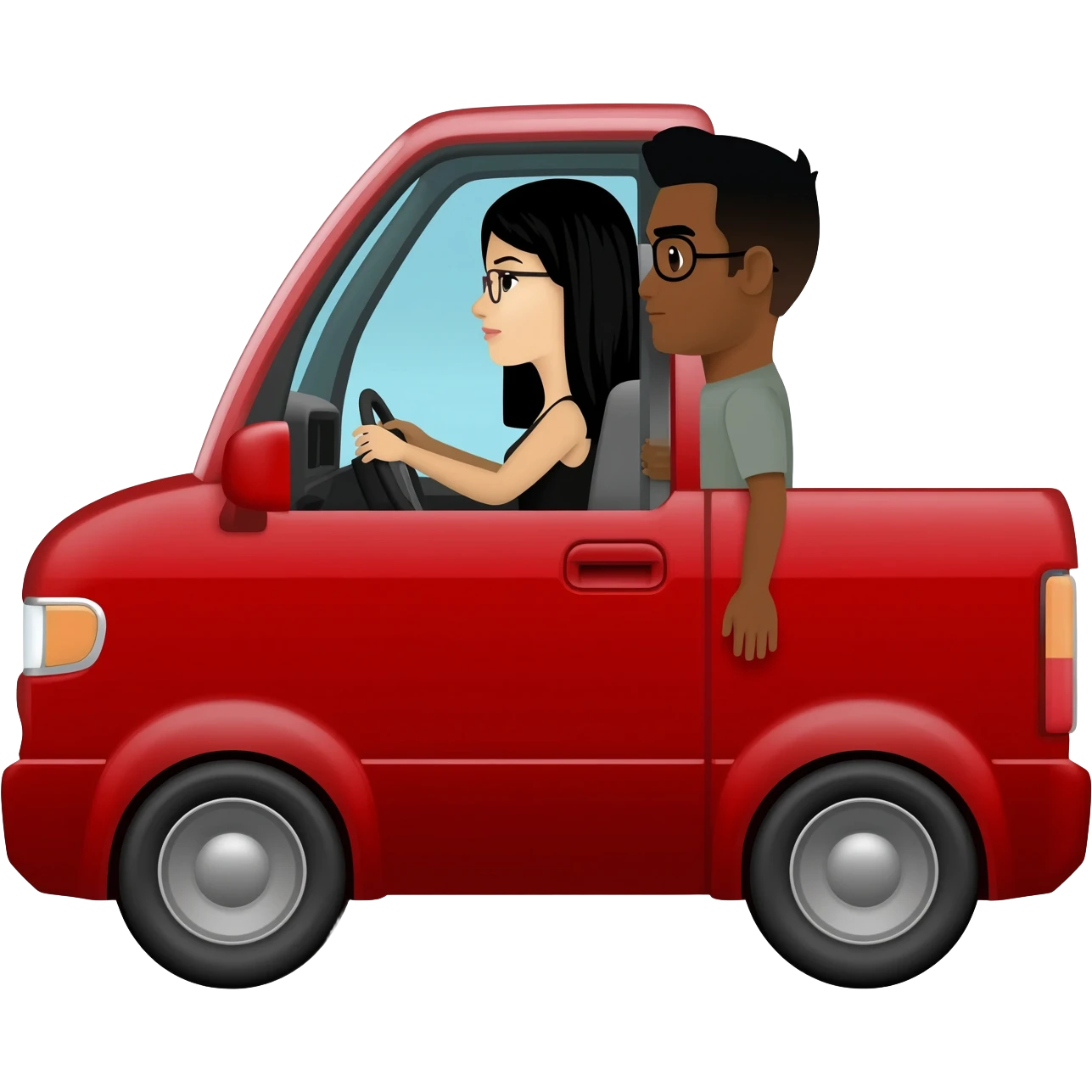Camioneta roja mazda, con una mujer en el volante de pelo negro y lentes, y un copiloto hombre de pelo corto negro y lentes emoji