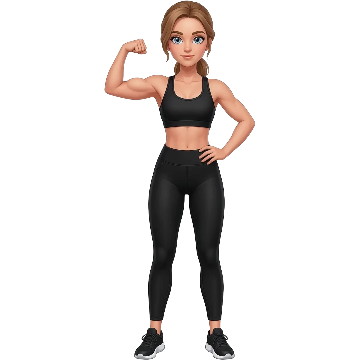 flexing bicep with confident workout pose, fair-skinned woman, gray-blue eyes, ash brown brows, ash light brown hair tied back, slim athletic body, black workout set, black sneakers with white soles emoji