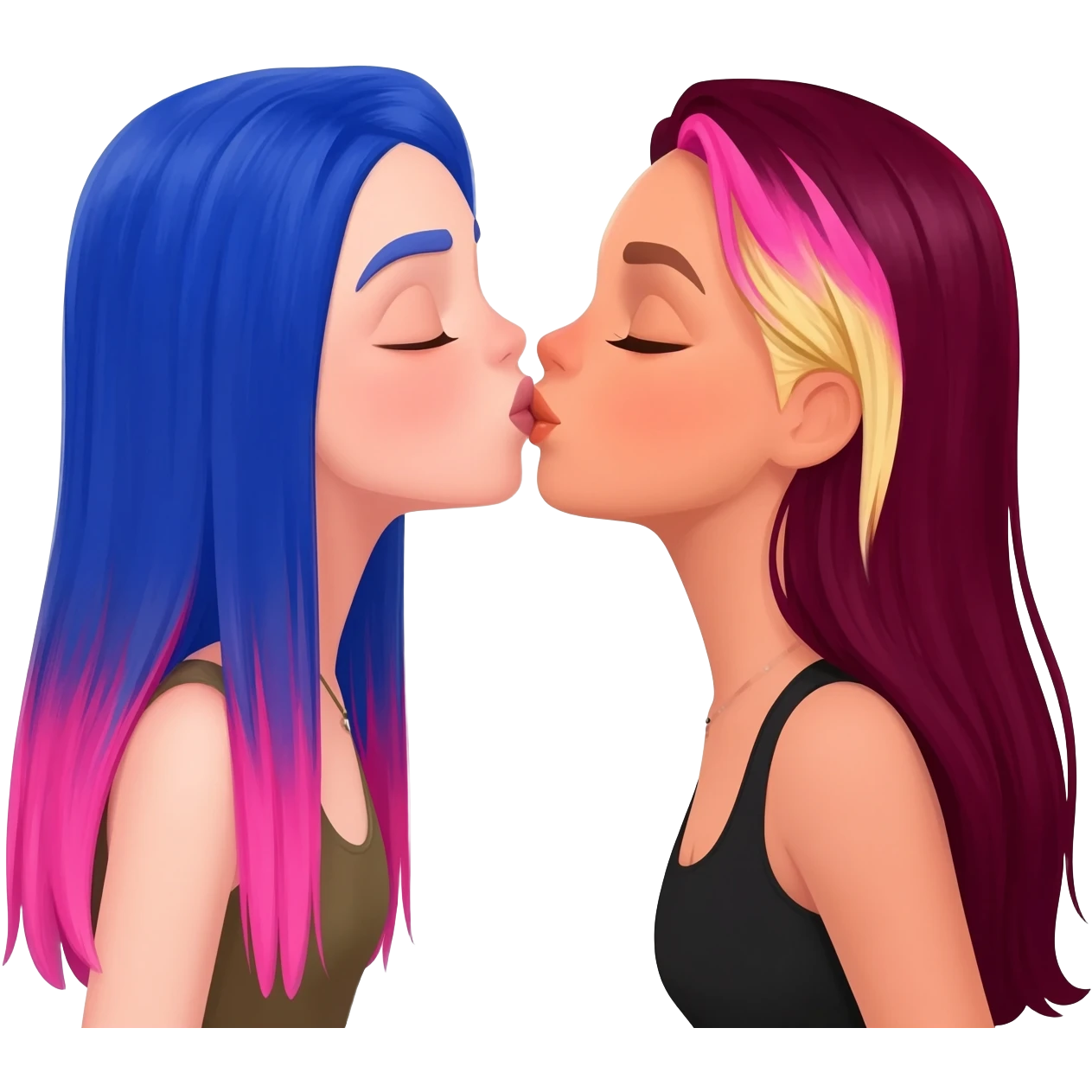 femme lesbians kissing, both white, one has long blue and pink hair, the other has long burgundy hair with streaks of blonde and pink at the front emoji