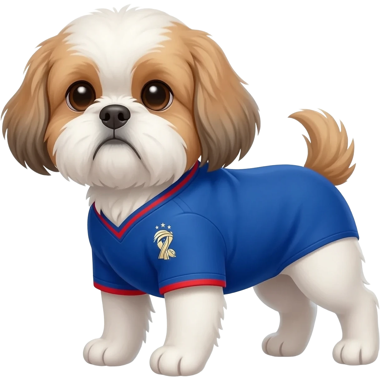 white and light brown shih zhu wearing a France soccer jersey v neck 2026 work cup emoji
