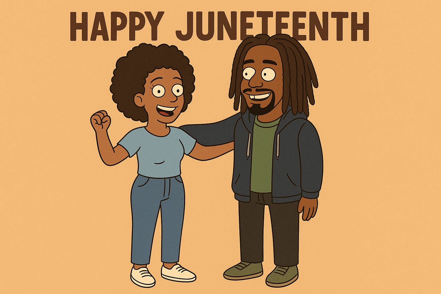 A woman Kinky hair light blue shirt blue jeans white shoes boy Dreadlocks dark brown hair green shuts navy blue zip up hoodie black jeans green shoes Bob Marley Vanessa Nakate Mae Jemison Happy JUNETEENTH emoji