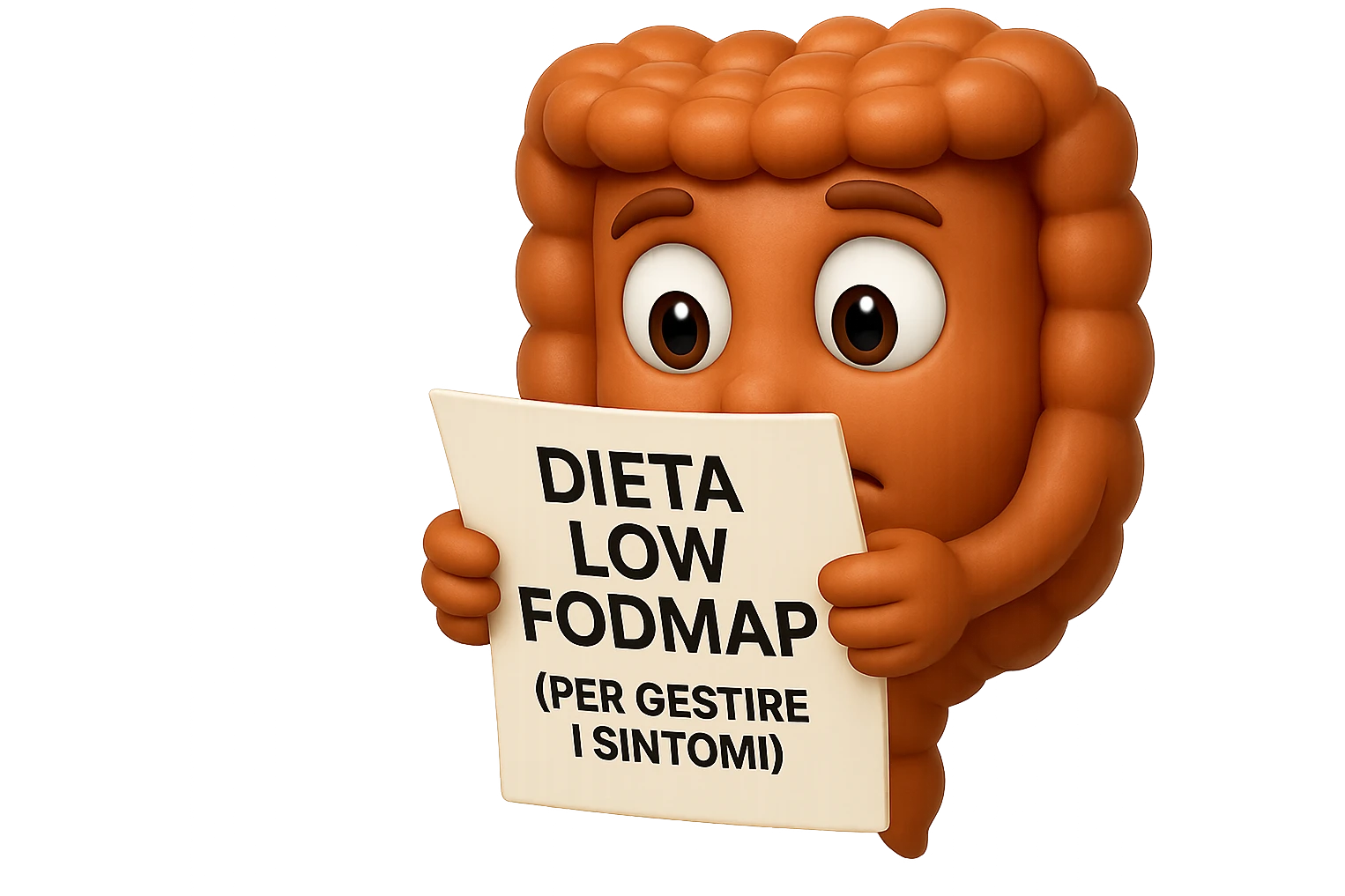 EMOJI STILE IPHONE DI UN INTESTINO UMANO ANATOMICO CHE GUARDA UN FOGLIO CON LA SCRITTA "DIETA LOW FODMAP (PER GESTIRE I SINTOMI)", FAGLI ANCHE LA PARTE BIANCA DEGLI OCCHI, NON SOLO LE PUPILLE, IPERREALISTICO 4K emoji